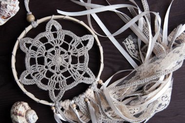 Bej tığ işi bardak altlığı peçete rüya yakalayıcı