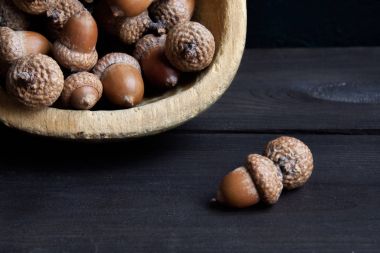 Meşe palamudu kahverengi ahşap zemin üzerinde