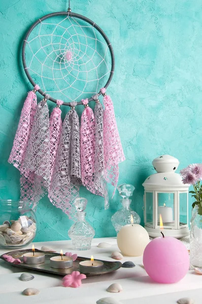 Dream catcher akvamarin fal háttér — Stock Fotó