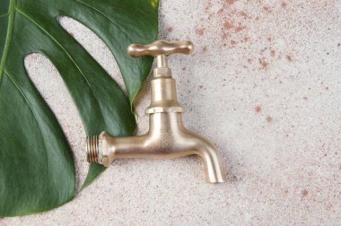 Beton zeminde antik bronz su musluğu.