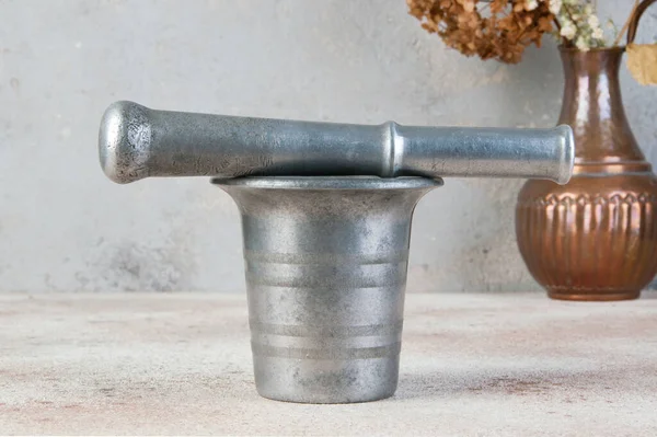 Vintage aluminum mortar with pestle — Stock Photo, Image