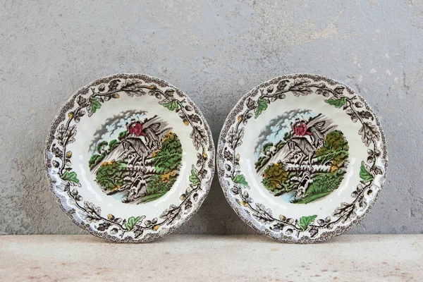 Two Antique Porcelain Bowls Concrete Background Copy Space Text Food — Stock Photo, Image