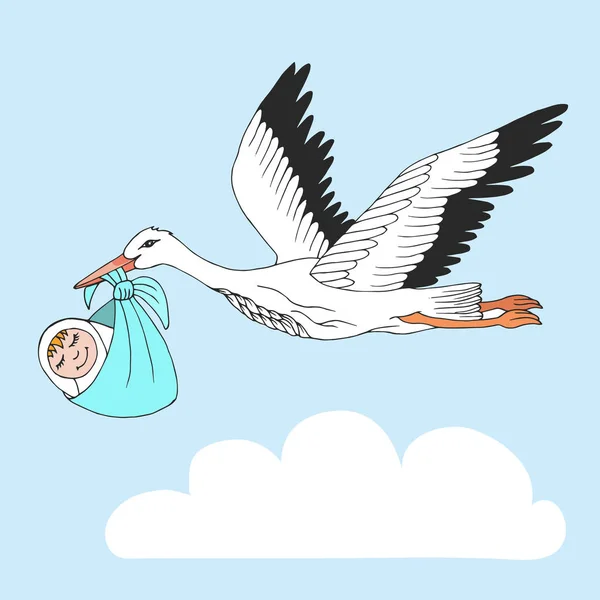 Nice card with stork and baby on blue sky — Stock Vector