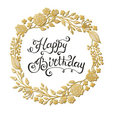 Vektör el tebrik kartı tasarımı iyi ki doğdun çiçek çelenk ile beyaz zemin üzerine çekilmiş..