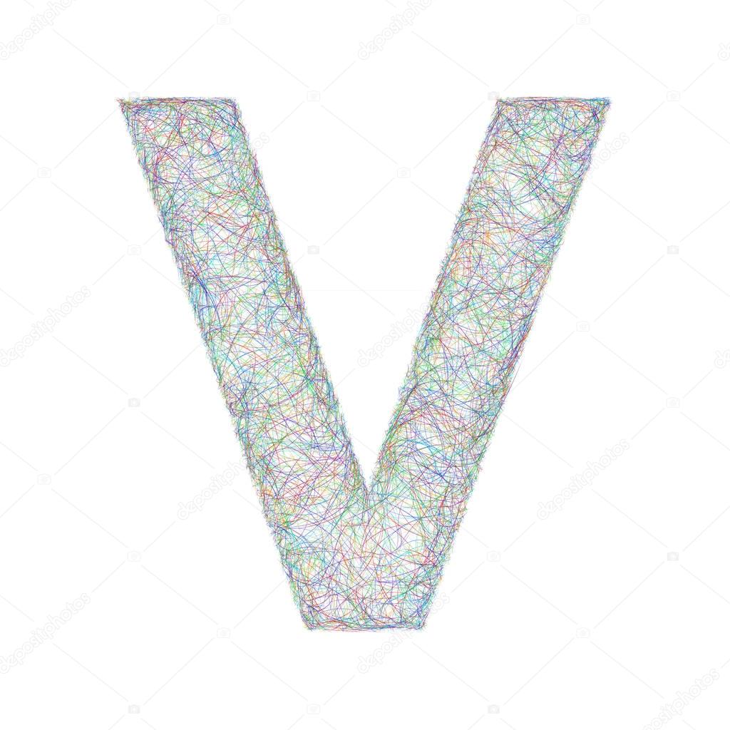 Sketch font design from colored curved lines - letter V premium vector