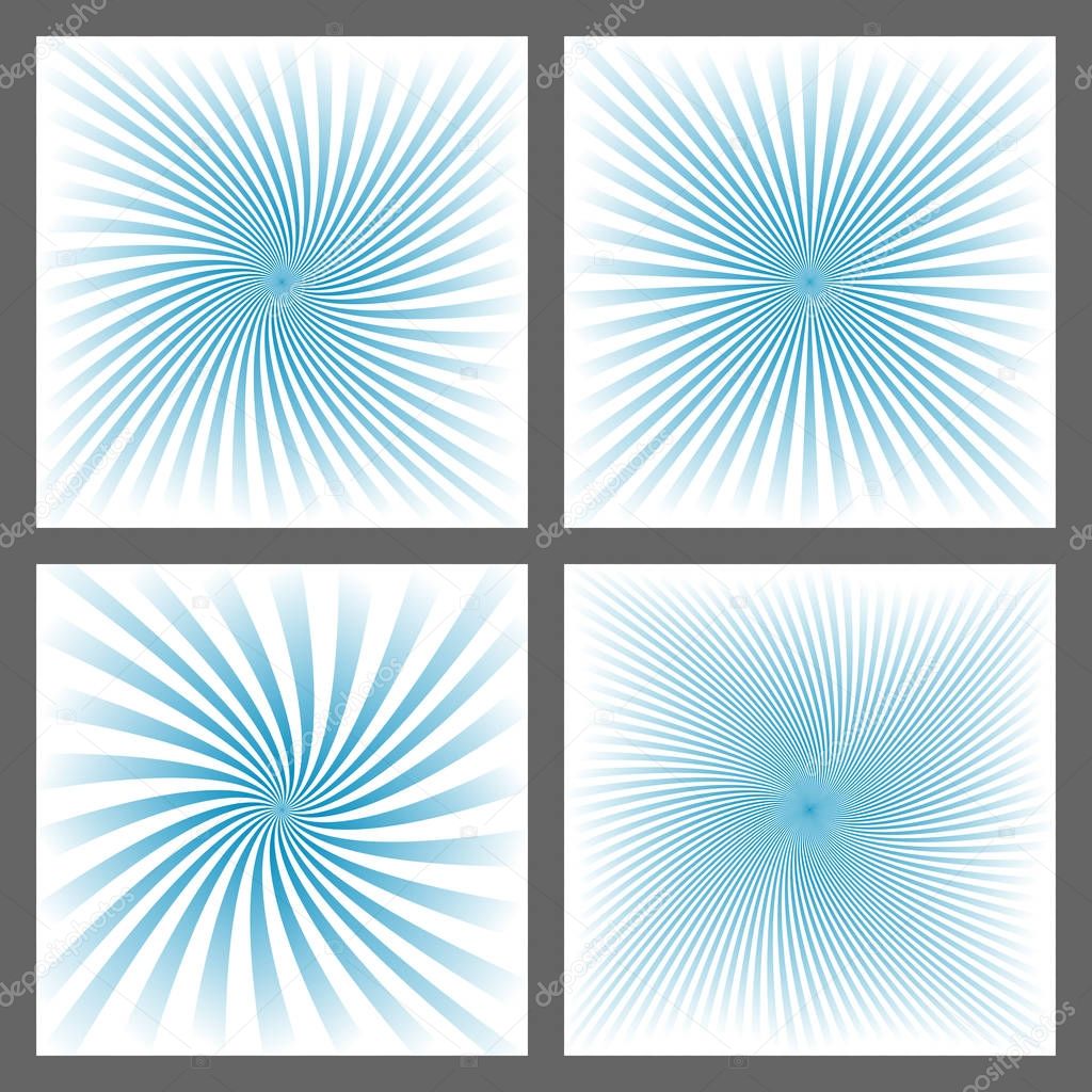 Light blue spiral ray and starburst background set