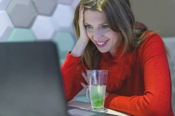 Mujer sonriente mirando en el monitor portátil — Foto de Stock