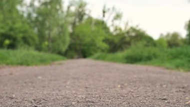 Spor ayakkabılı kadın toprak yolda yürüyor. Kot ve spor ayakkabı giymiş bir kız parkta yürüyor..