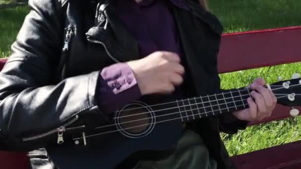 Młoda Hipsterka Grająca Gitarze Świeżym Powietrzu — Wideo stockowe