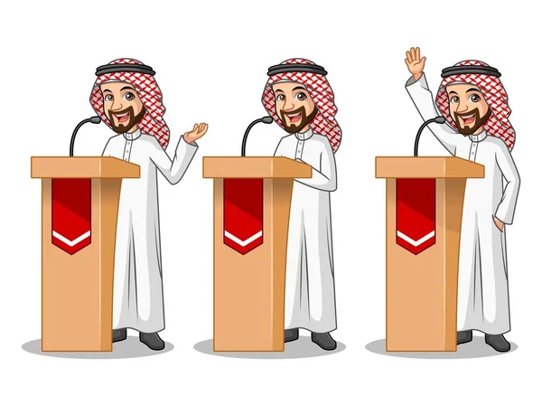 Set of businessman Saudi Arab Man giving a speech behind rostrum — Stock Vector