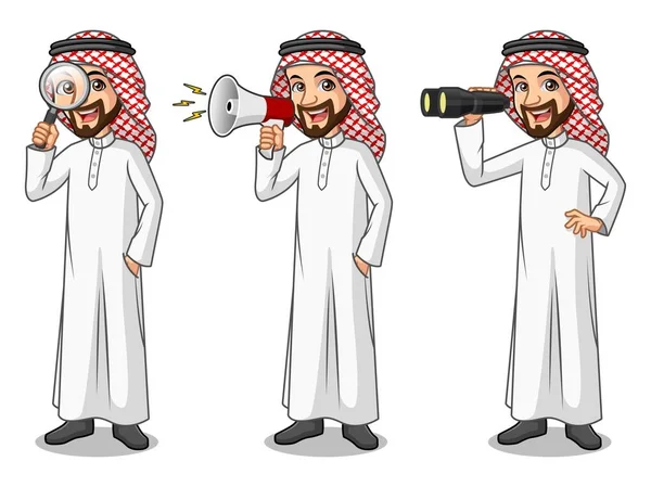 Set of businessman Saudi Arab Man looking for poses — Stock Vector