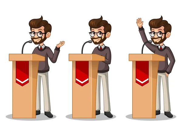 Set of hipster businessman giving a speech behind rostrum — Stock Vector