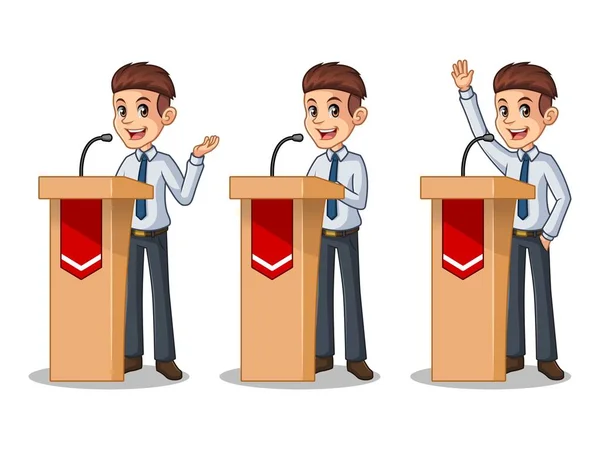 Set of businessman in shirt giving a speech behind rostrum — Stock Vector