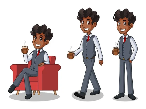 Conjunto de hombre de negocios en chaleco haciendo una pausa con beber un café — Vector de stock