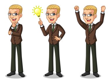 Kahverengi elbiseli sarışın işadamı dizi olsun harika bir fikir ilham ampul, düşünceli düşünme jest ve kutluyor zafer kazanan başarılı başarı yukarı kaldırdı kollarını.