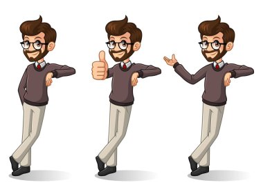 Karşı yaslanmış, beyaz arka planı izole hipster işadamı karikatür karakter tasarım stand kümesi.