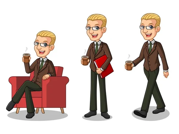 白い背景に対して隔離される紅茶を飲みながらリラックスした休憩を作る茶色のスーツの漫画キャラクター デザインの金髪のビジネスマンのセット — ストックベクタ