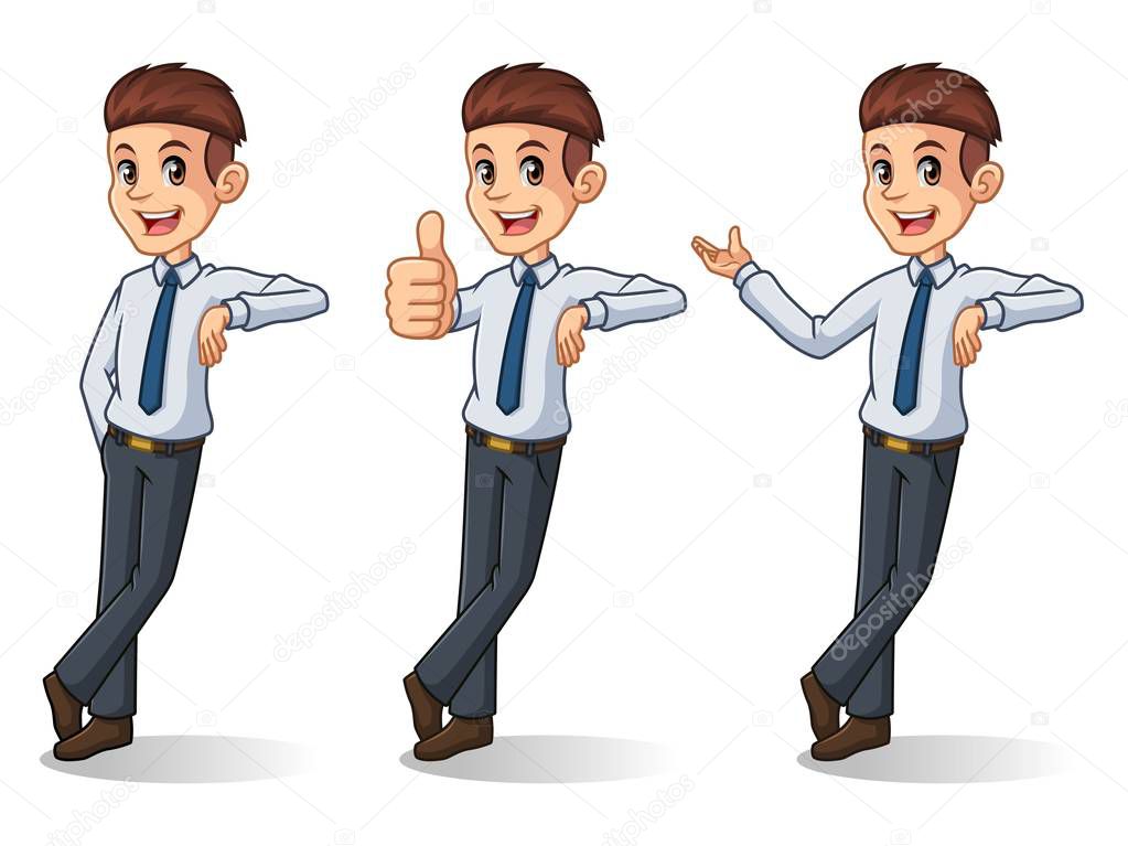 Set of businessman in shirt cartoon character design stand leaning against, isolated against white background.