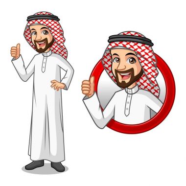 İşadamı Suudi Arap adam karikatür karakter tasarım, iç daire logo kavramı ile gösteren gibi Tamam, iyi iş, onun Yaşasın ile memnun işareti jest beyaz arka planı izole ayarla