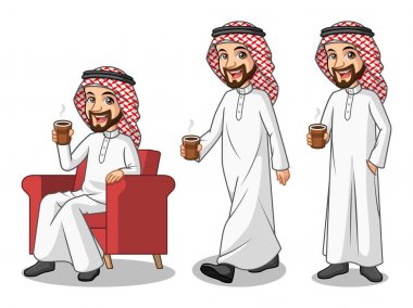 İşadamı Suudi Arap adam karikatür karakter tasarımı beyaz arka planı izole bir kahve çay içme holding ile rahatlatıcı bir mola verme kümesi.