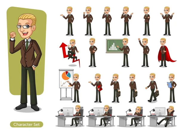 Set Von Blonden Geschäftsmann Braunen Anzug Cartoon Charakter Design Mit — Stockvektor
