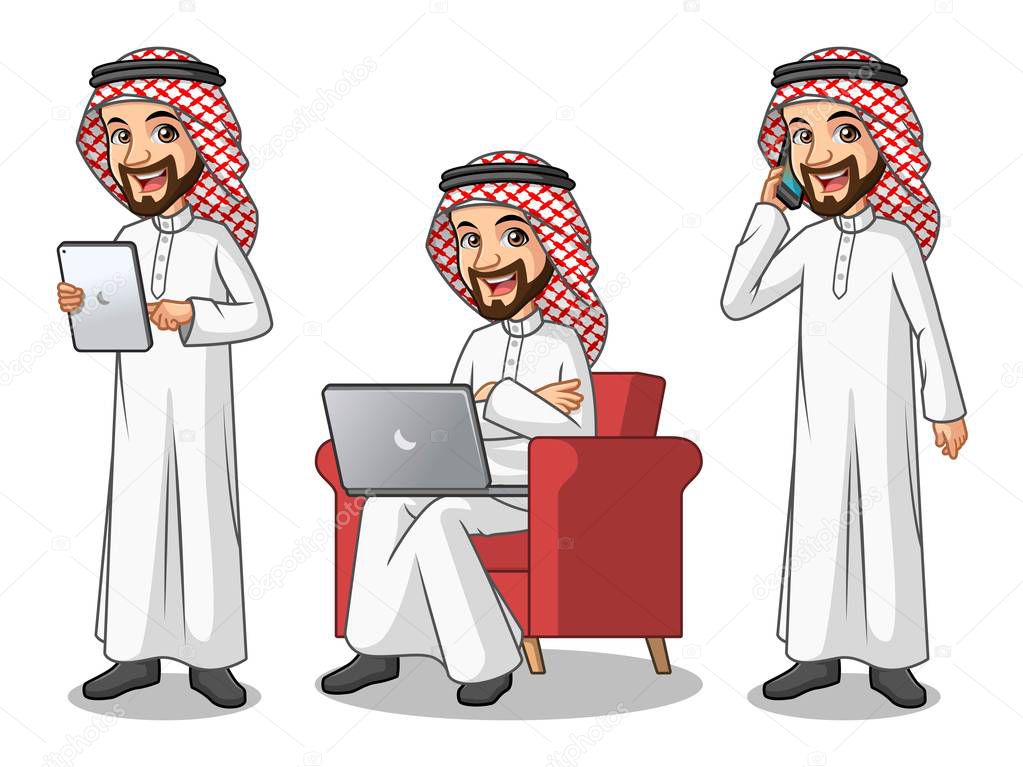 Set of businessman Saudi Arab man cartoon character design working on gadgets, tablet, laptop computer, and mobile phone, isolated against white background.