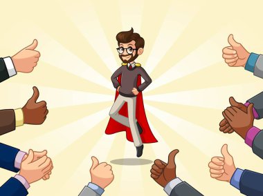 Hipster süper kahraman işadamı karikatür karakter tasarımı birçok başparmak yukarıya ve çevresindeki, alkışlayan eller karşı krem arka plan.