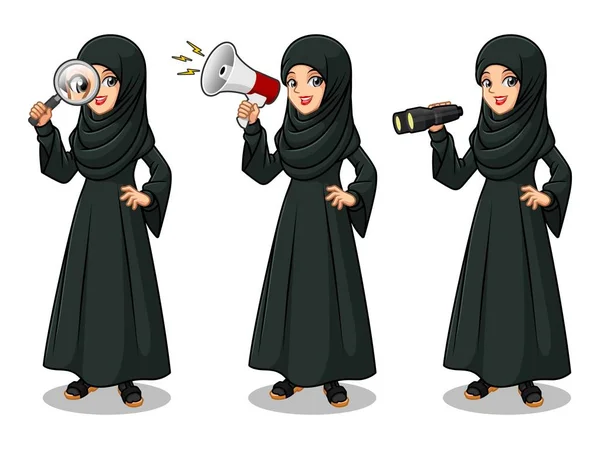 Set Arabischer Geschäftsfrau Schwarzem Kleid Zeichentrickfigur Design Blickt Durch Ferngläser — Stockvektor