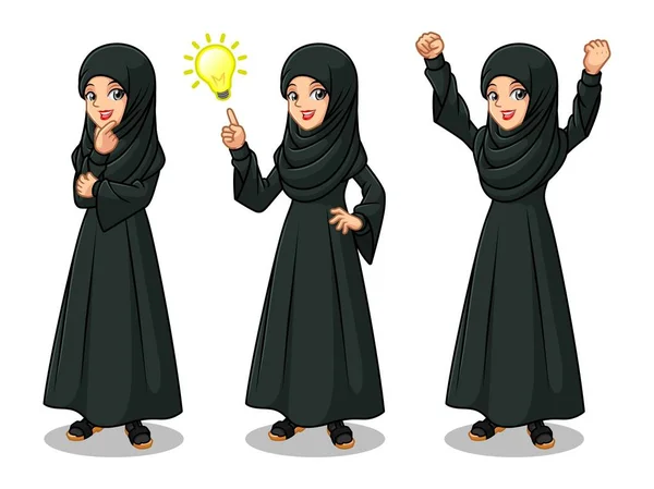 一套阿拉伯女商人在黑色礼服得到伟大的想法灵感灯泡 思考周到的手势 并庆祝胜利赢家成功与举起武器 — 图库矢量图片