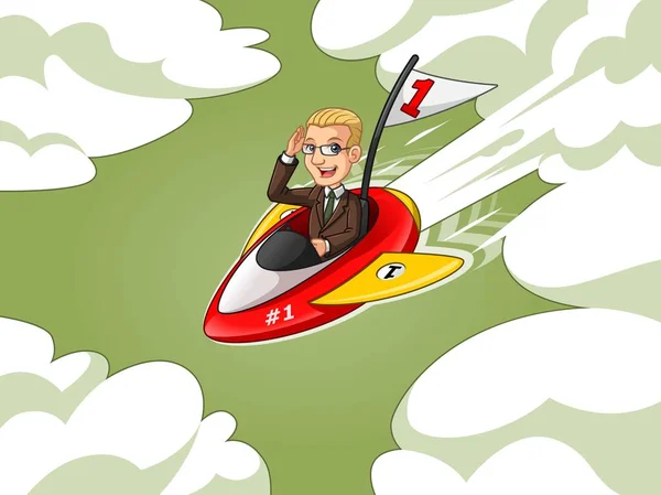 茶色のスーツの漫画キャラクター デザイン緑背景の空を飛んでいる番号を つのフラグとロケットに乗って金髪実業家 — ストックベクタ