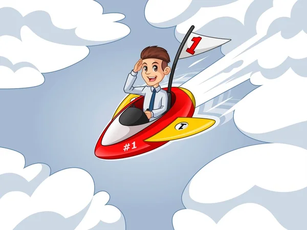 青色の背景の空を飛んでナンバーワンのフラグをロケットに乗ってシャツ漫画キャラクター デザインのビジネスマン — ストックベクタ