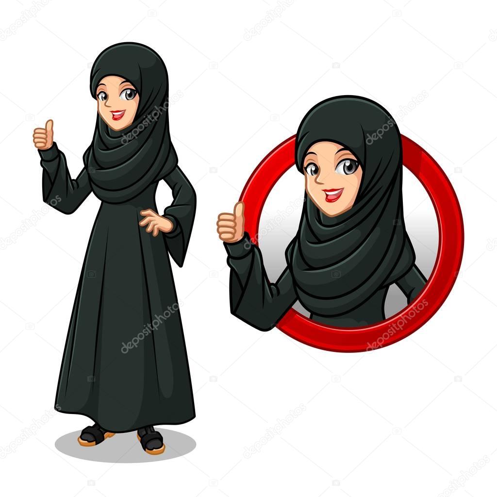 Set of Arab businesswoman in black dress cartoon character design, inside the circle logo concept with showing like, ok, good job, satisfied sign gesture with his thumbs up, isolated against white background.