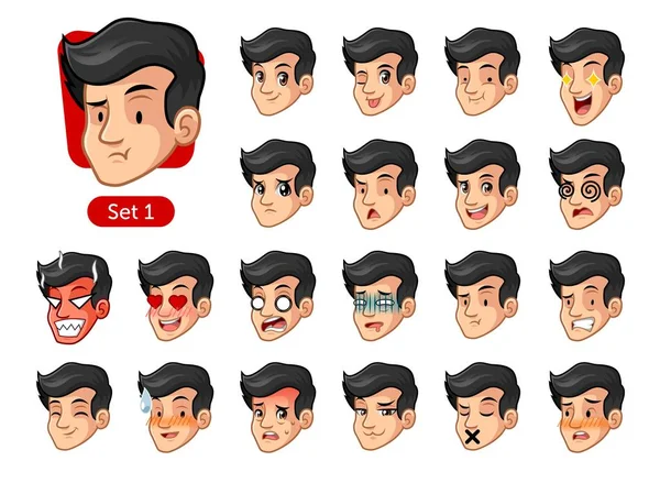 The first set of male facial emotions cartoon character design with black hair and different expressions, pleased, rage, in love, ill, silent, grumpy, irritated, shy, worried, etc. vector illustration.