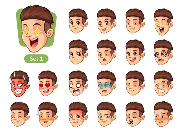 The first set of male facial emotions cartoon character design with red hair and different expressions, pleased, rage, in love, ill, silent, grumpy, irritated, shy, worried, etc. vector illustration.