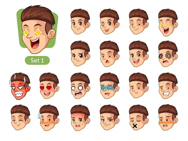 Primer Conjunto Emociones Faciales Masculinas Diseño Personajes Dibujos Animados Con — Archivo Imágenes Vectoriales