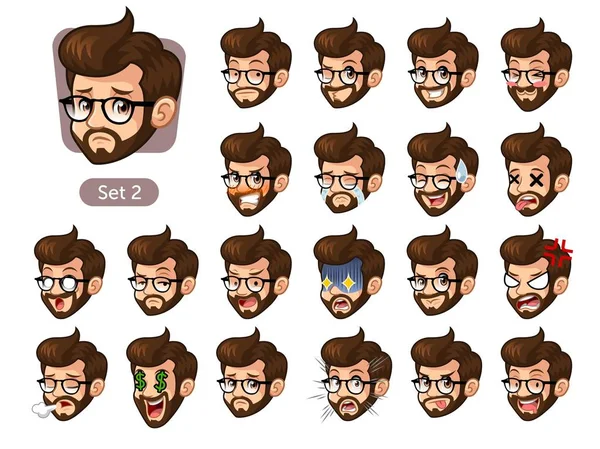 Tweede Reeks Van Bebaarde Hipster Gezicht Emoties Cartoon Characterdesign Met — Stockvector