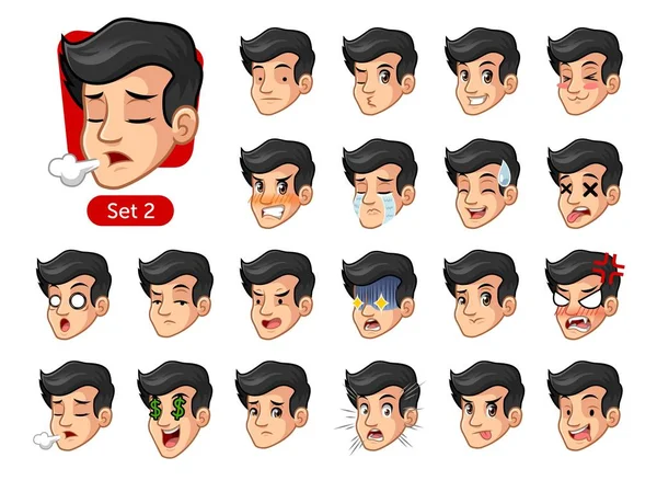 Tweede Reeks Van Mannelijke Gezicht Emoties Cartoon Characterdesign Met Zwart — Stockvector