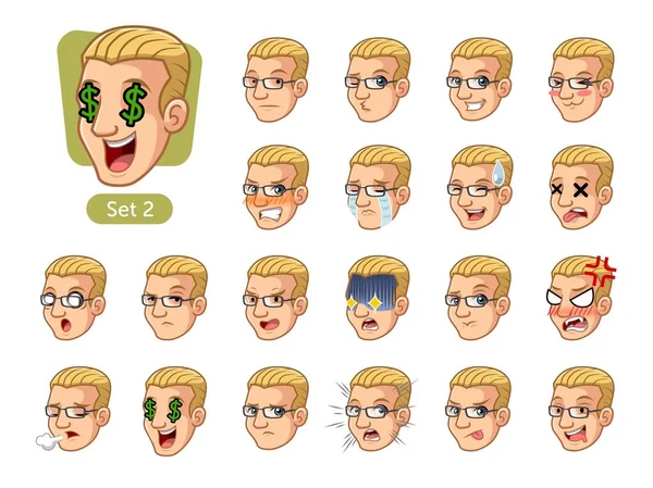 Deuxième Ensemble Émotions Faciales Masculines Dessin Animé Avec Cheveux Blonds — Image vectorielle