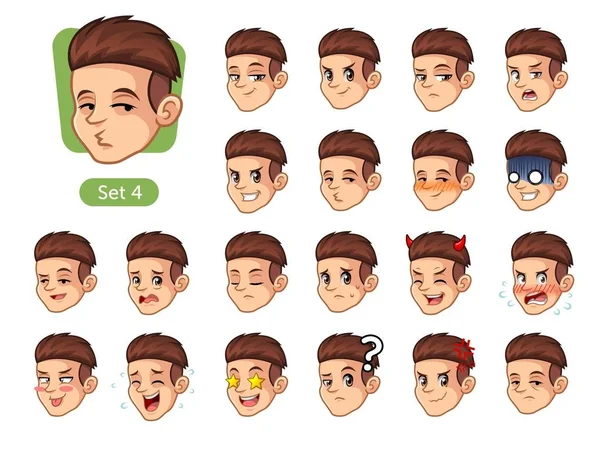 Quarto Set Emozioni Facciali Maschili Disegno Personaggio Dei Cartoni Animati — Vettoriale Stock