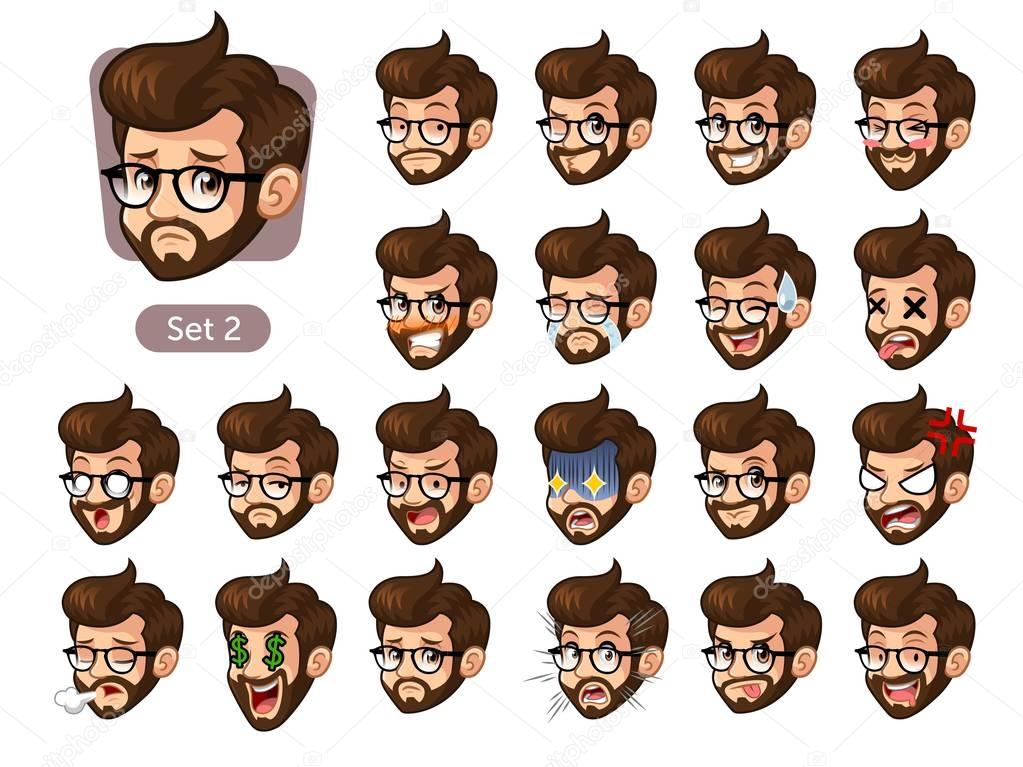The second set of bearded hipster facial emotions cartoon character design with glasses and different expressions, sad, tired, angry, die, mercenary, disappointed, shocked, tasty, etc. vector illustration.
