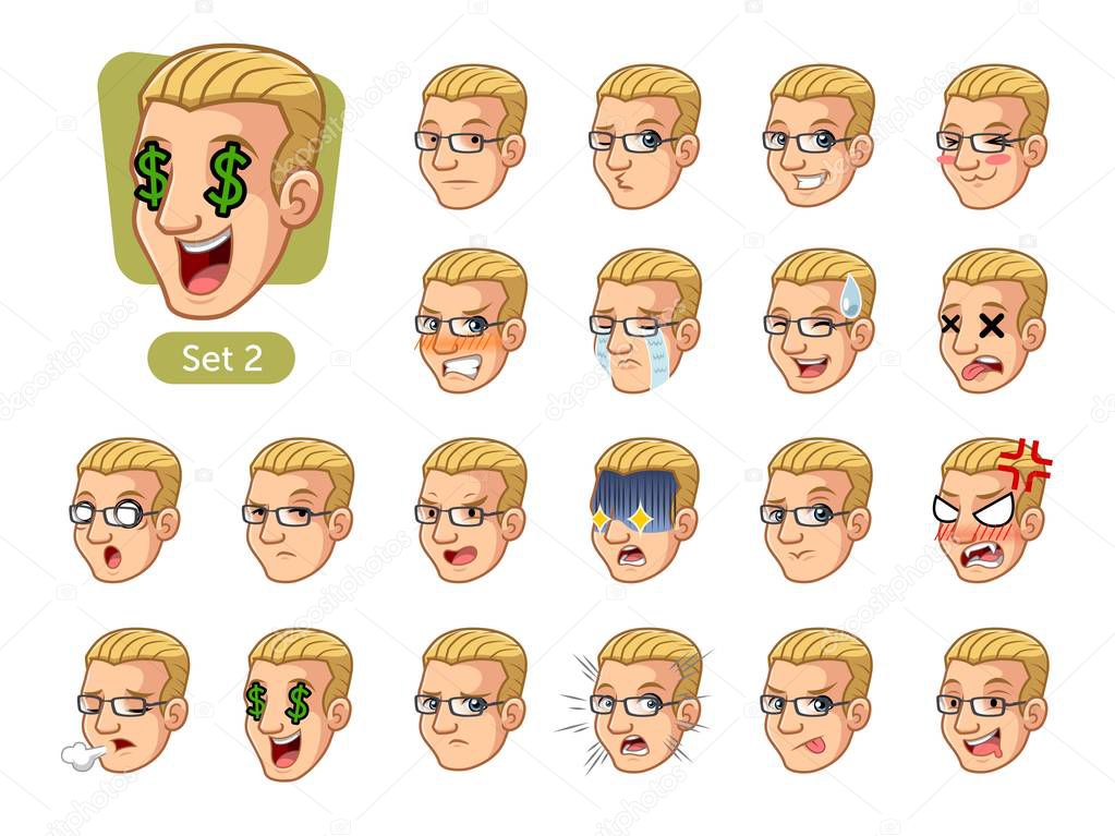 The second set of male facial emotions cartoon character design with blonde hair and different expressions, sad, tired, angry, die, mercenary, disappointed, shocked, tasty, etc. vector illustration.