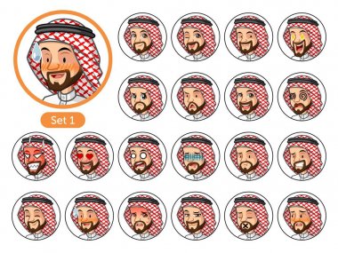 Suudi Arap adam karikatür karakter tasarım avatarlar farklı yüz duygu ve ifadeler, memnun, öfke ile aşk, hasta, sessiz, huysuz, tahriş olmuş, ilk kümesi utangaç, endişeli, vb illüstrasyon vektör.