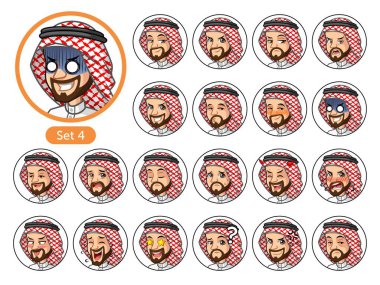 Dördüncü sette Suudi Arap adam karikatür karakter tasarım avatarları ile farklı yüz duygu ve ifadeler, mutlu, sıkılmış, korku, sapık, sinirli, tiksinme, hayret, aptal, deli, vb vektör çizim.