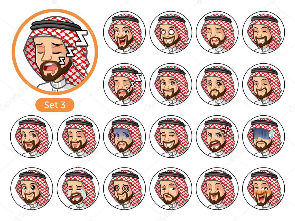 The third set of Saudi Arab man cartoon character design avatars with different facial emotions and expressions, cry, sleep, pissed of, embarrassed, fear, triumph, confused, fear, etc. vector illustration.