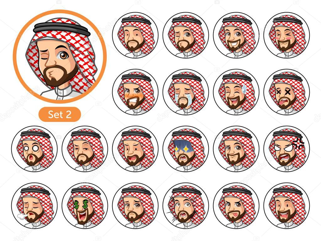 The second set of Saudi Arab man cartoon character design avatars with different facial emotions and expressions, sad, tired, angry, die, mercenary, disappointed, shocked, tasty, etc. vector illustration.