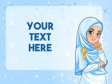 Elini mavi arka plan, vektör çizim karşı metin alanı karikatür karakter tasarımı ile çene altında olan hijab peçe giyen Müslüman kadın.