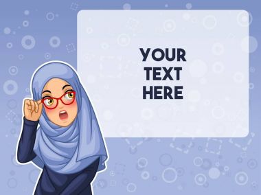 Mavi arka plan, vektör çizim onun gözlük karikatür karakter tasarımı holding ile hijab peçe giyen Müslüman kadın şok.