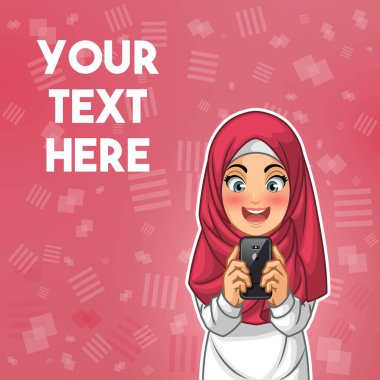 Hijab peçe kırmızı arka plan, vektör çizim onun smartphone karikatür karakter tasarımı bakarken mutlu giyen Müslüman kadın.