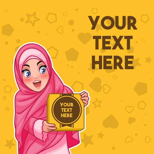 Bir kutu sarı arka plan, vektör çizim metin alanı karikatür karakter tasarımı ile tutarak hijab peçe giyen Müslüman kadın.