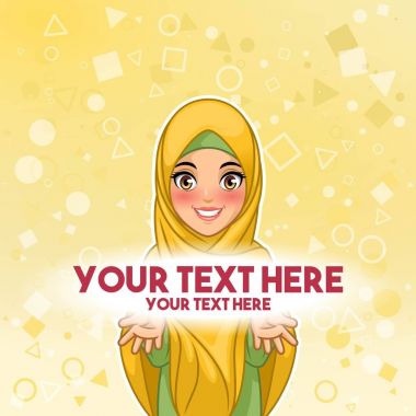 Sarı arka plan, vektör çizim metin alanı karikatür karakter tasarımı sunuyor hijab peçe giyen Müslüman kadın.